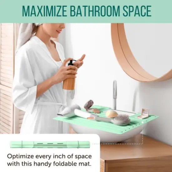 Maplefield Bathroom Foldable Sink Cover for Counter Space - Heat Resistant Silicone Mat and Rollout Over Sink Makeup Mat (Mint) image {1}