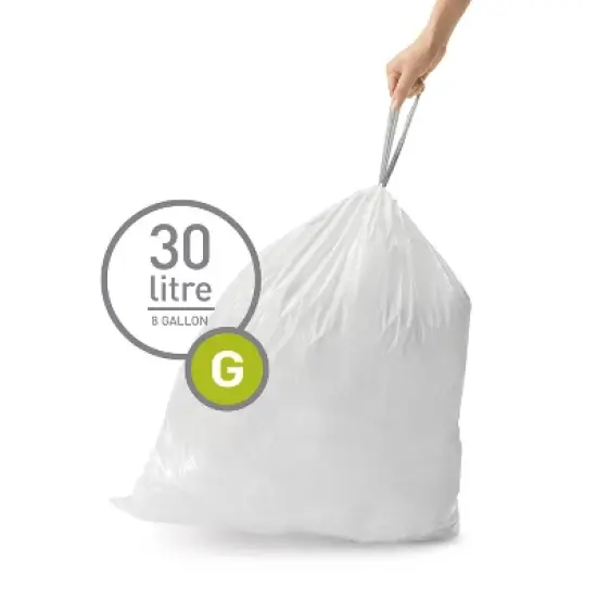 simplehuman 30L Code G Custom Fit Kitchen Trash Bag Liners 5 Quick-Dispense Packs - 100ct: 30 Liter Drawstring White Bags image {1}