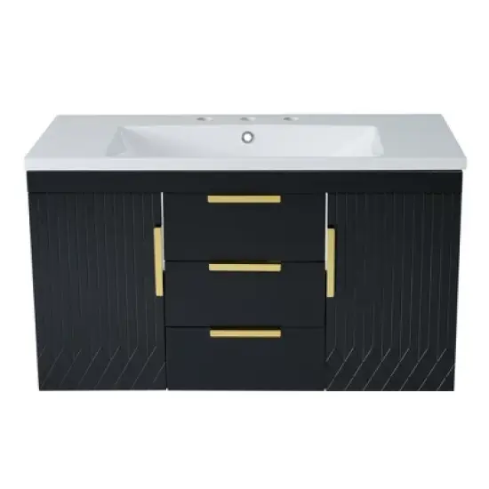 ModernLuxe 36'' Wall Mounted Bathroom Vanity, Floating Solid Wood Cabinet with Resin Sink, 2 Drawers & 2 Cabinets, White/Black image {8}