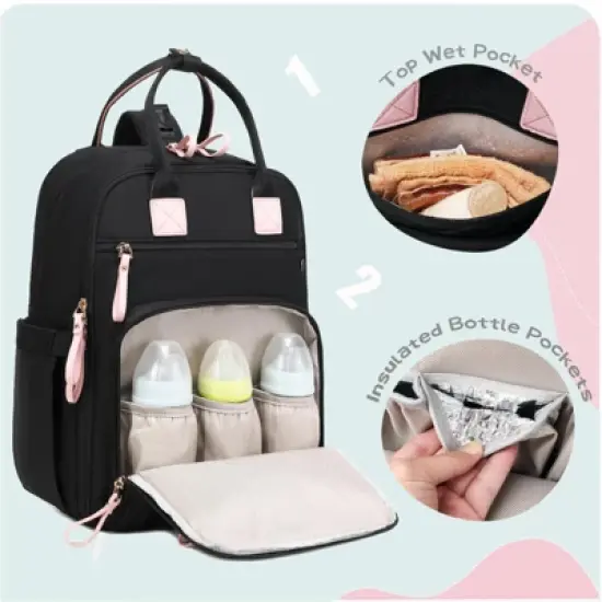Itopfox Large Diaper Backpack with 18 Pockets, Water-Resistant Nylon, Insulated Bottle Holders, Stroller Straps (Black) image {3}