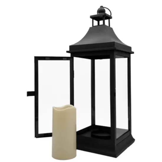 LumaBase Metal Lantern with Battery-Operated Candle - 19" Black image {4}