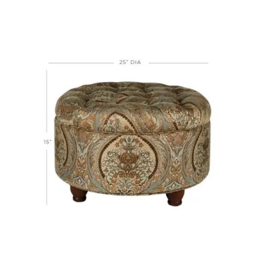 Button Tufted Round Storage Ottoman Brown Paisley - HomePop image {1}