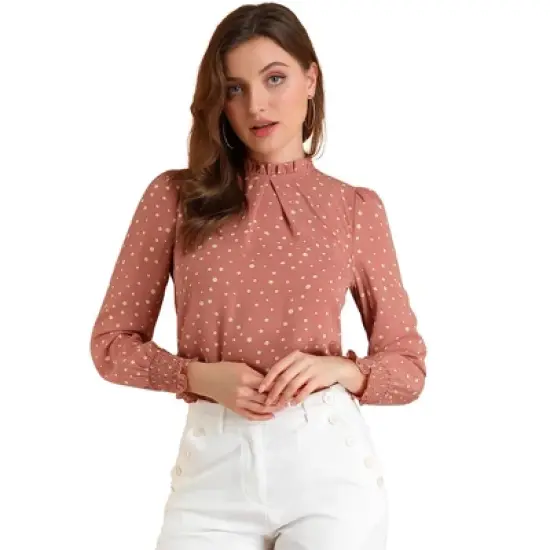 Allegra K Women's Smocked Cuffs Top Puff Sleeve Ruffled Neck Vintage Printed Blouses image {9}