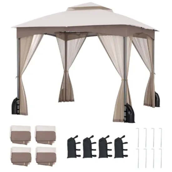 Costway 10 X 10/12 FT Patio Gazebo with Netting Walls 4 Sandbags Zippered Doors Outdoor Gray/Beige image {8}