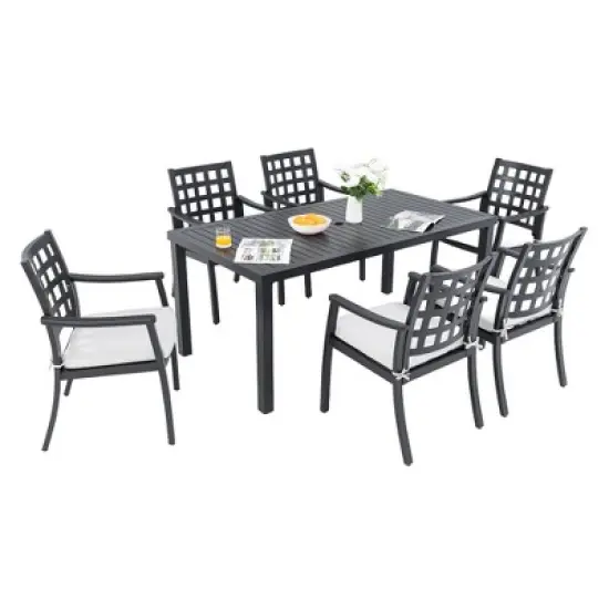 7-Piece Outdoor Patio Aluminum Dining Set with 67" Rectangular Table, 6 Cushioned Armchairs, and Umbrella Hole image {7}