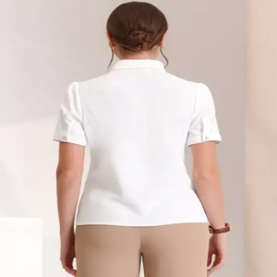 Allegra K Women's Contrast Trim Point Collar Puff Short Sleeve Button Down Shirt image {2}