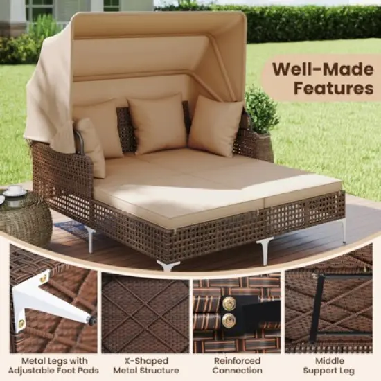 Tangkula Outdoor Daybed w/ Retractable Canopy PE Wicker Rattan Patio Double Chaise Lounger image {7}