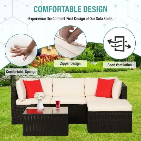 BestMassage 5 Pieces Rattan Patio Furniture Sets Patio Sectional Sofa Set Outdoor Conversation Sofa Set, Khaki image {5}