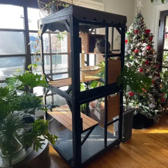 Aivituvin Wooden Cat Catio with Wheels| Scratching Post|Roof Tarp-AIR7014 image {2}