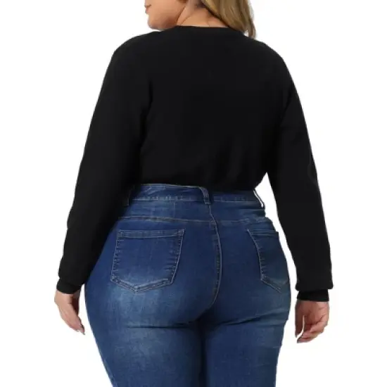 Agnes Orinda Women's Plus Size Long Sleeve Open Front Ribbed Soft Knit Crop Cardigan image {3}