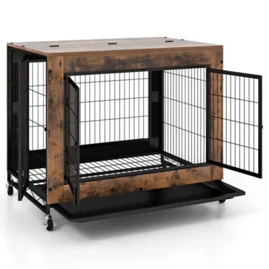 Costway 38&rdquo; Heavy-Duty Rolling Dog Kennel on Wheels w/ Chew-Resistant Indoor Pet Furniture Wood Dog House Rustic Brown image {9}