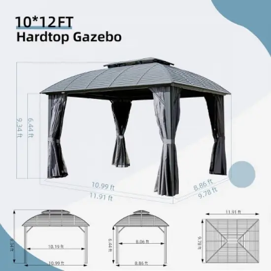 10x12 FT Outdoor Patio Aluminum Gazebo,Galvanized Steel Roof Gazebo,Pavilion With Zippered Netting And Curtains For Garden,Lawns-Coolbibila image {3}