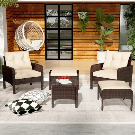 COWLOWN Beige Accented Outdoor Furniture Set, High Back Swivel Chairs, Brown Wicker Sofa for Porch, Backyard image {2}