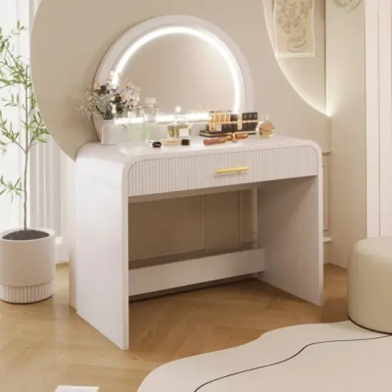 40"W Dressing Table Vanity Table Makeup Table with Touch Screen Lighted Mirror and Large Drawe, White-ModernLuxe image {1}