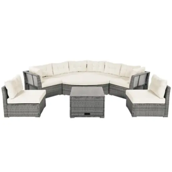 DSVIMOY Outdoor Furniture, Daybed, Rattan Sectional Furniture Set with Cushions and Center Table for Patio, Beige, 84.6"*84.6"*30.7" image {1}