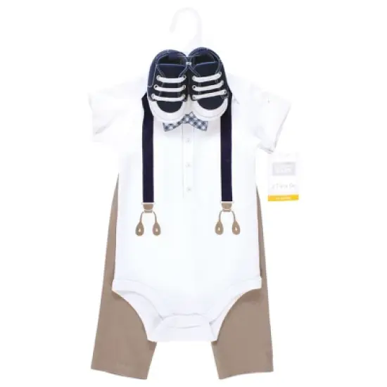 Hudson Baby Infant Boy Cotton Bodysuit, Pant and Shoe Set, Blue Gingham Bow Tie image {1}
