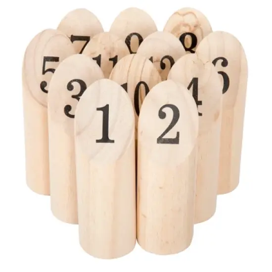 Toy Time Wooden Throwing Game for Adults and Kids - Complete Set With 12 Numbered Skittles, Throwing Dowel, and Carrying Crate image {2}