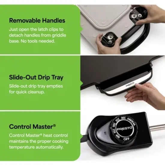 Presto 22-Inch Electric Griddle with Removable Handles, Nonstick Textured Ceramic Cooking Surface and Adjustable Temperature Control image {4}