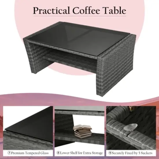 Tangkula 4-Piece Rattan Wicker Patio Outdoor Furniture Sofa Set with Cushions & Tempered Glass Table image {5}