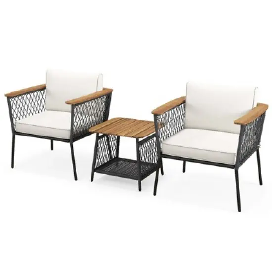 Costway 3 PCS Patio Furniture Set with 2-Tier Coffee Table Acacia Wood Armrests Tabletop image {9}