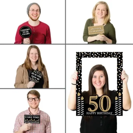 Big Dot of Happiness Adult 50th Birthday - Gold - Birthday Party Selfie Photo Booth Picture Frame & Props - Printed on Sturdy Material image {1}