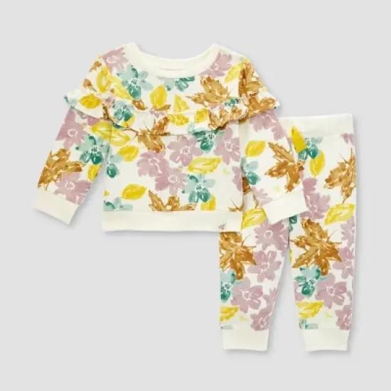 Burt's Bees Baby&reg; Girls' Foliage Floral French Terry Top & Pant Set image {2}