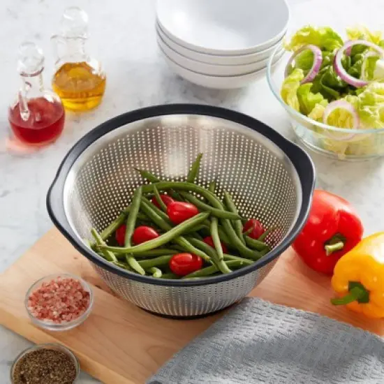 KitchenAid 5 Quart Colander Stainless Steel Black Rim: Metal Strainer, Dishwasher-Safe, Light Silver, Black image {2}