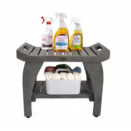 CoastalVogue&reg; Tranquility&reg; 24" Teak Wood Shower Bench with Shelf and LiftAide&reg; Arms in Antique Gray Finish - Target Plus Gray 24"L x 14"D x 19"H image {4}