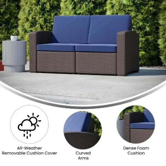 Flash Furniture Seneca Faux Rattan Loveseat with All-Weather Cushions image {4}