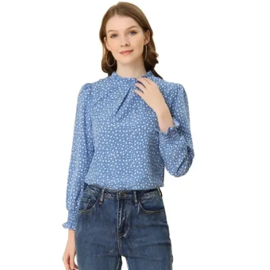 Allegra K Women's Smocked Cuffs Top Puff Sleeve Ruffled Neck Vintage Printed Blouses image {12}