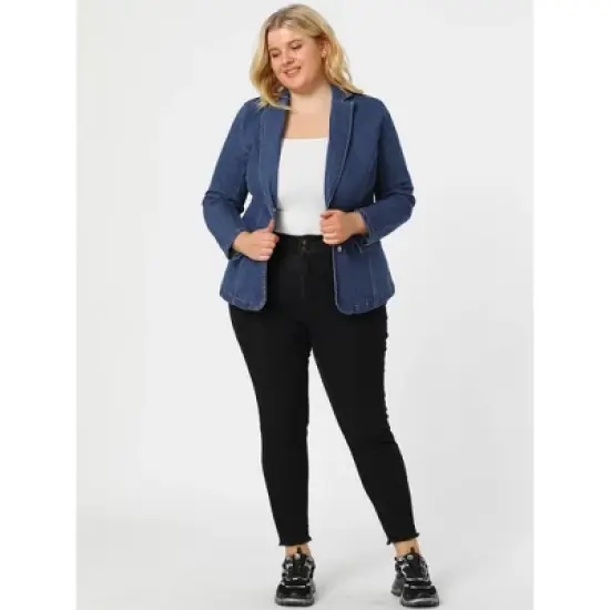 Agnes Orinda Women's Plus Size Denim Notched Lapel Color Block Stretch Blazer image {1}
