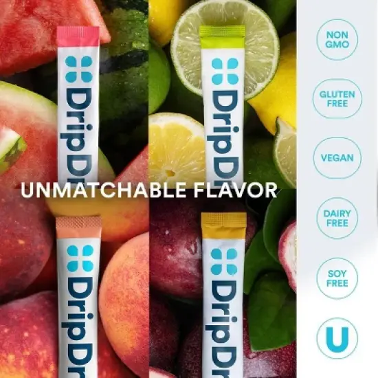DripDrop Zero Sugar Hydration Powder Vegan Electrolyte Supplements - Watermelon, Lemon Lime, Peach, Passion Fruit - 1.9oz/12ct image {9}