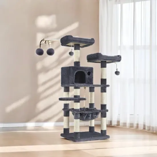 FEANDREA 56.3in Cat Tower for Large Cats Indoor Cat Tree Cat Condo with Scratching Posts, Hammock, Plush Perch, Cat Furniture - Smoky Gray image {2}