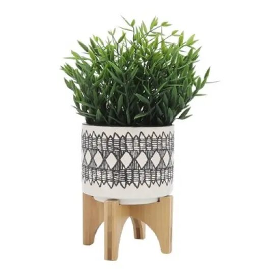 Geometric Ceramic Planter on Wooden Stand - Sagebrook Home image {1}