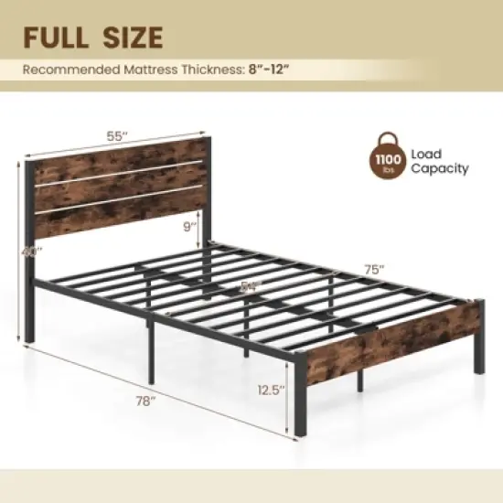 Costway Twin/Full/Queen/King Bed Frame with Tall Industrial Headboard Heavy-Duty Metal Slats Support Brown image {2}