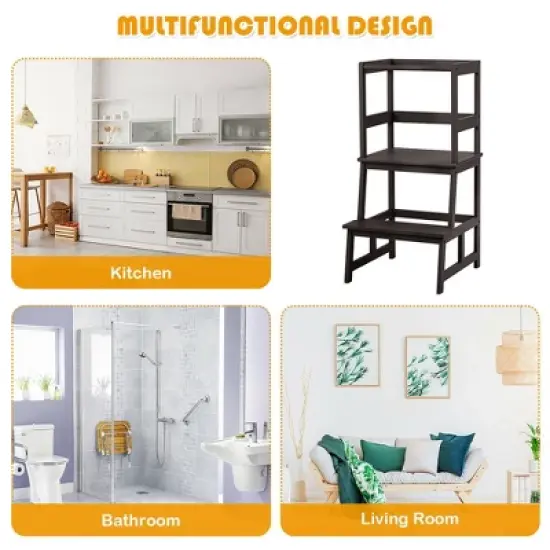 Costway Kids Kitchen Step Stool Wooden Toddler Stand Helper w/ Safety Rail Gray\Brown image {5}