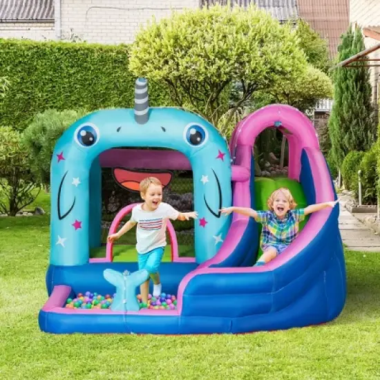 Outsunny 5-in-1 Inflatable Water Slide Kids Bounce House Narwhals Theme Water Park Includes Slide Trampoline Pool Cannon Climbing Wall with Carry Bag image {1}