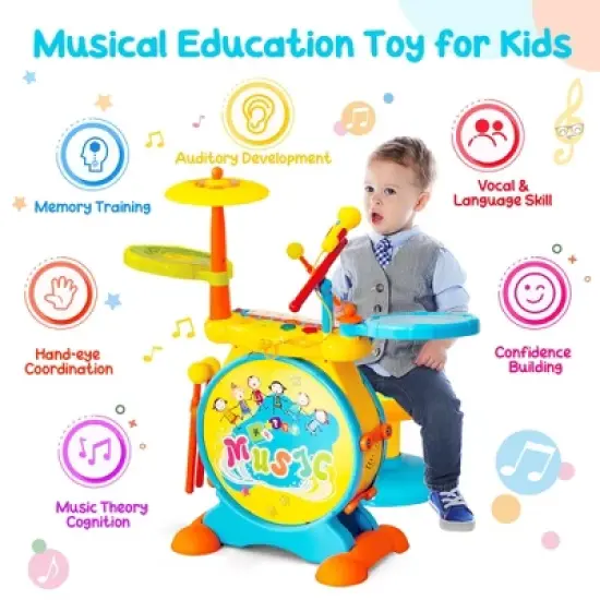 Costway 2-in-1 Kids Electronic Drum Kit Music Instrument Toy w/ Keyboard Microphone Blue image {7}