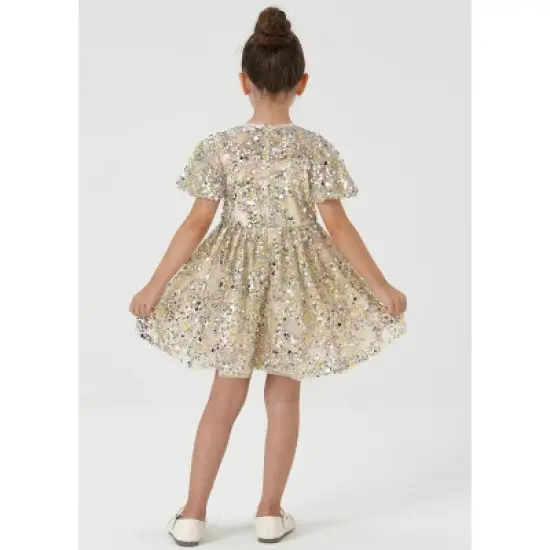 2Bunnies Christmas New Year Holiday Girl Gold Shimmer Sparkle Sequin Dress Puff Sleeve image {6}