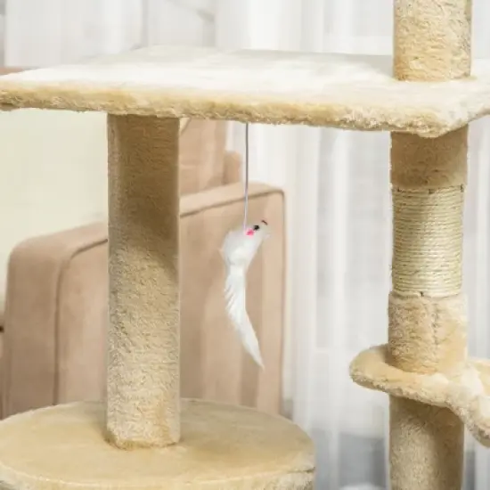 53" Plush Sturdy Interactive Cat Condo Tower Scratching Post Activity Tree House - Beige image {4}