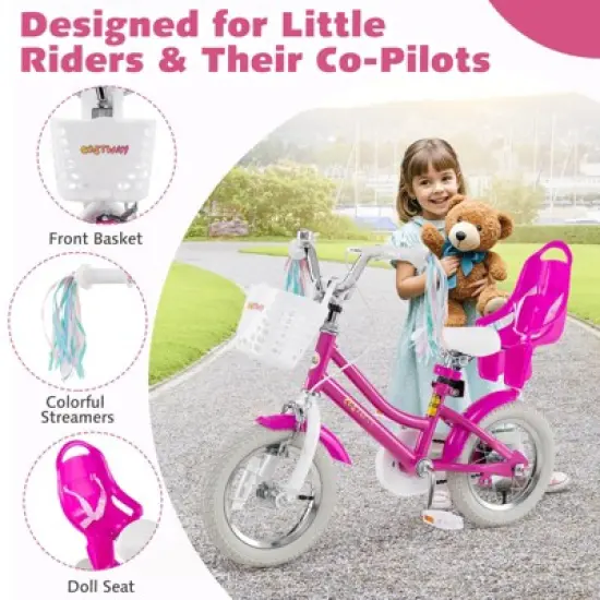 Costway 16" Kids Bicycle with Basket Doll Seat Colorful Streamers Training Wheels Purple image {8}