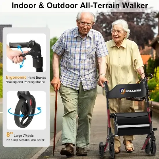 Rollator Walkers with Seat for Seniors, No Assembly Foldable All Terrain Lightweight Durable Aluminum Rolling Walker with Comfortable Backrest image {1}