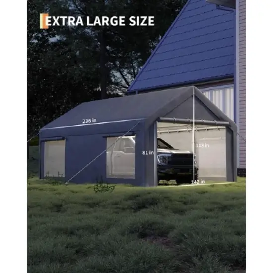12x20 Ft Carport,Car Port with 200g PE Tarp,Roll-Up Doors,and 4 Windows,for Full-Size Pickups,Bass Boats,Tractors,and SUVs,Gray image {3}