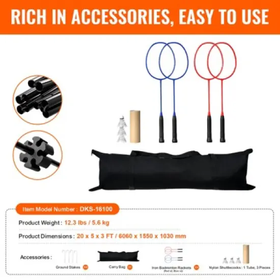 VEVOR Badminton Net, Height Adjustable Volleyball Net, 20ft Wide Foldable Pickleball Net, Portable Tennis Net Set with Poles, Stand, Bag, Rackets image {7}