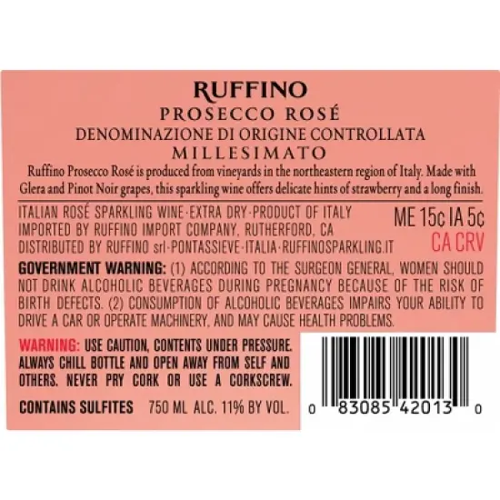 Ruffino Lumina Prosecco DOC Italian Rose Sparkling Wine - 750ml Bottle image {9}
