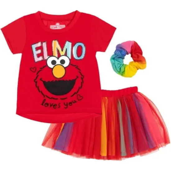 Sesame Street Elmo Abby Cadabby T-Shirt Tulle Skirt and Scrunchie 3 Piece Outfit Set Infant to Little Kid image {7}