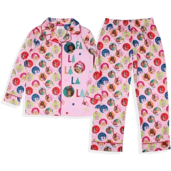 Barbie Girls' Christmas Characters FALALALA Santa Snowflake Sleep Pajama Set Pink image {1}