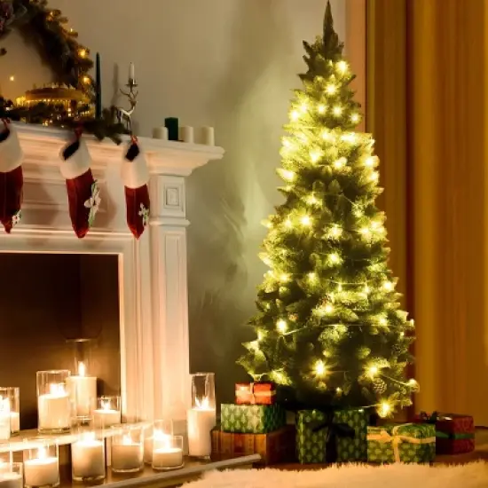 Costway 6ft Snow Flocked Unlit Pencil Christmas Tree Hinged Pine Cones image {1}