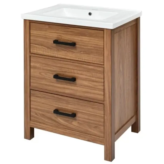 24" Bathroom Vanity with Ceramic Basin Sink and 3 Drawers, Natural - ModernLuxe image {5}