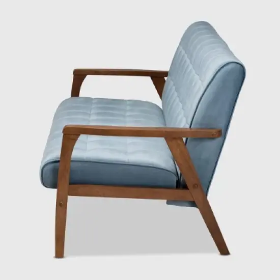 Asta Velvet Upholstered Wood Sofa Light Blue/Walnut - Baxton Studio image {2}
